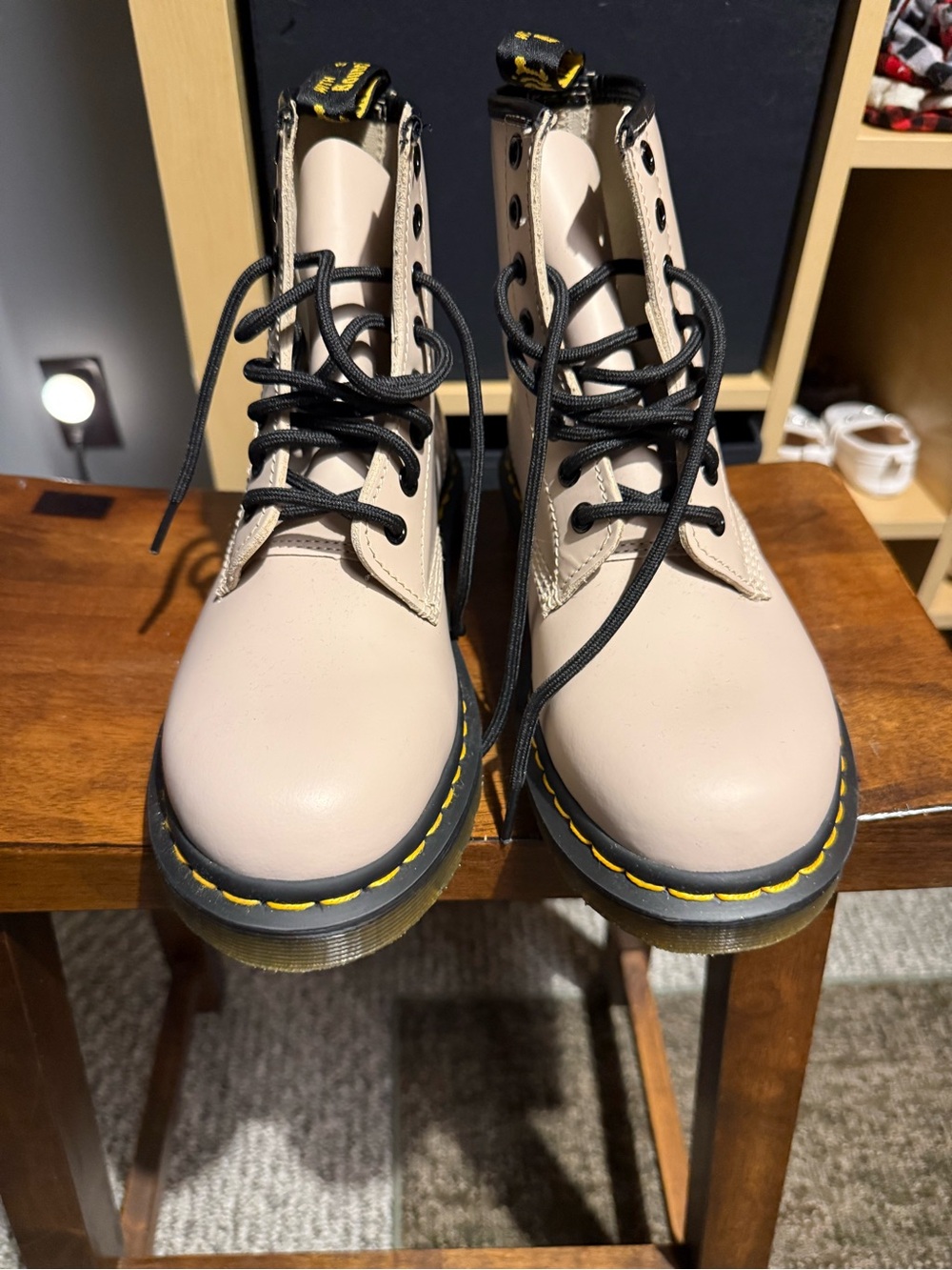 Dr. Martens Beige Lace-Up Boots with Yellow Stitching